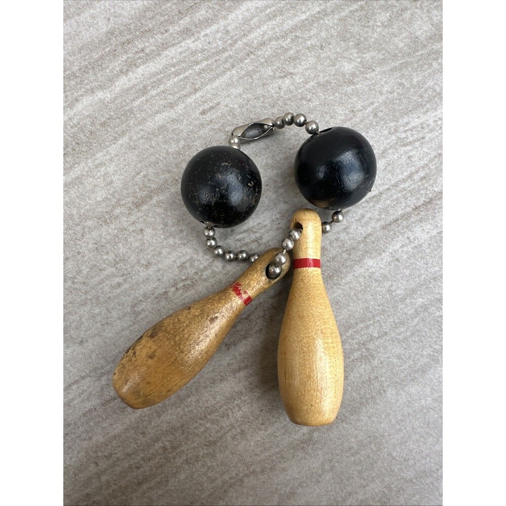 Vintage 50s Wooden Bowling Ball & Pin Novelty Keychain Lot Of 2